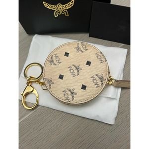 MCM Beige Visetos Canvas Round Coin Purse Wallet and KeyChain bag charm